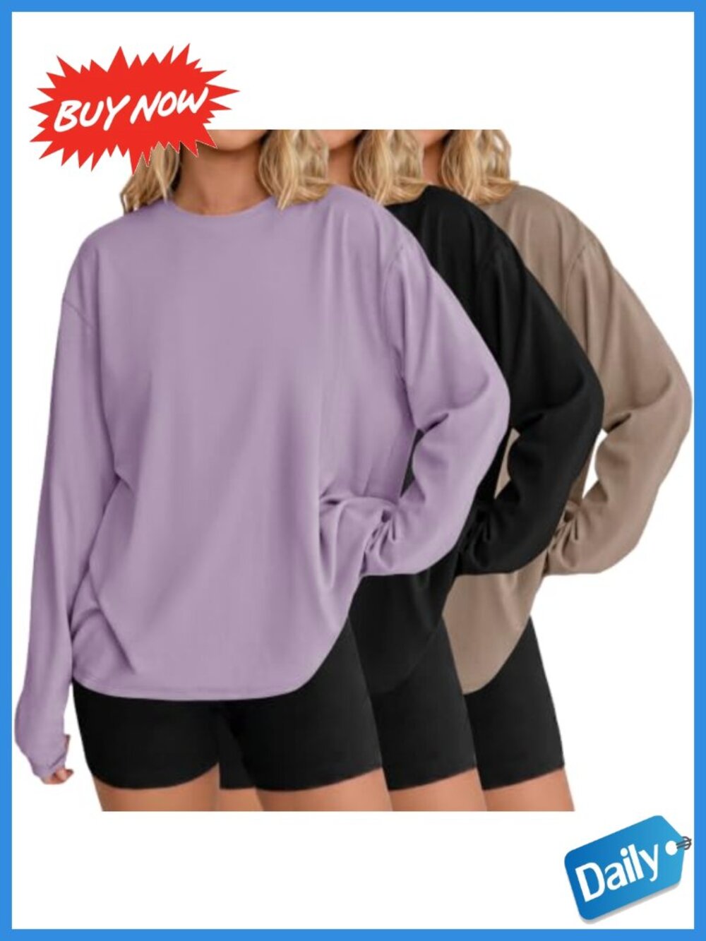 Oversized Long Sleeve Cotton Blend Crew Neck Tee